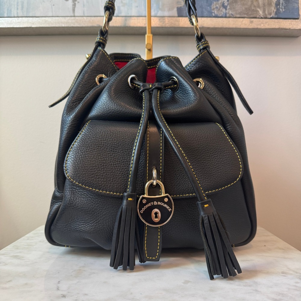 Dooney & Bourke Samba Bucket Bag Black Pebbled Leather Drawstring Tassel Padlock